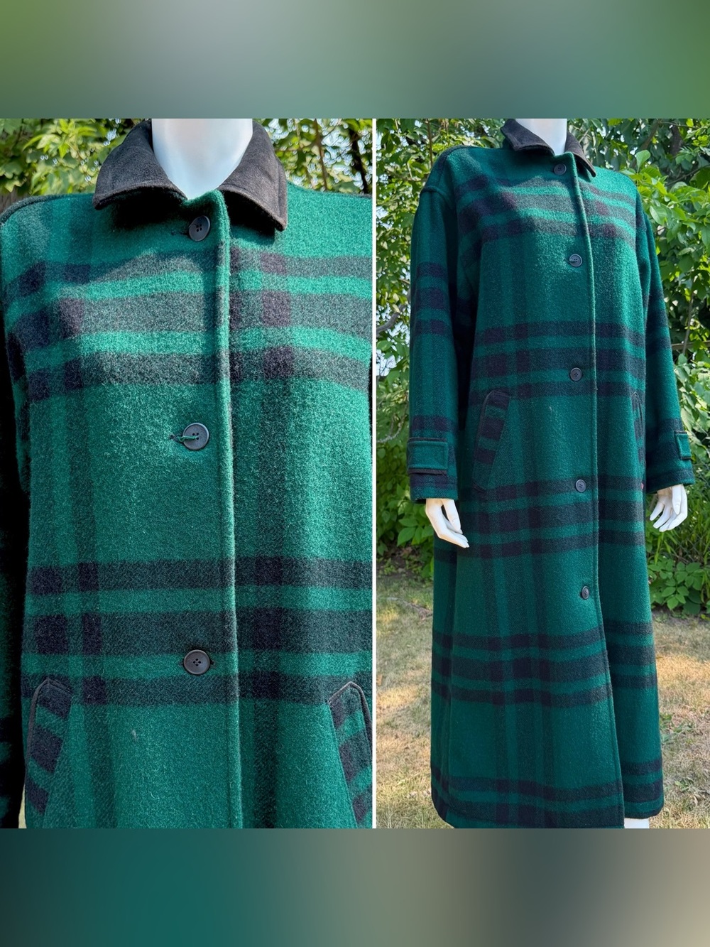 Vintage WOOLRICH PLAID COAT Womens Leather Suede Collar Long USA Green Black MED